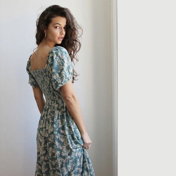 Free People Ellie Printed Maxi Women’s Dress Smocked Green Peasant S Festival - Picture 2 of 11